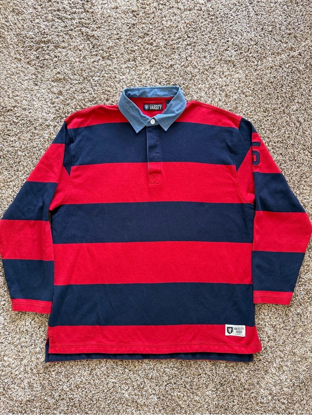 ROUNDTREE & YORK Rugby Mens XL Blue Red Striped Long Sleeve Polo Shirt